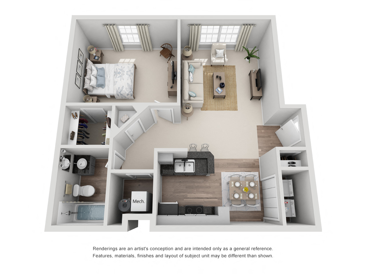 Floor plan for 1 bed, 1 bath, 750 sqft